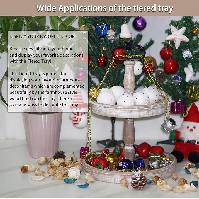 Krismax Decorative Trays - Two Tiered Tray Stand Rustic Decor Farmhouse 2 Tiered Tray Serving Tray Seasonal & Holiday Decoration Wooden Tray