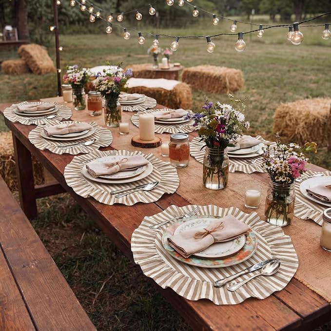 Set of 6 Beige Placemats Round Striped Ruffled Table Placemats 15 Inch Fabric Neutral Boho Modern Farmhouse Rustic Circle Mat for Summer Birthday Picnic Baby Shower Bridal Shower Party Decor