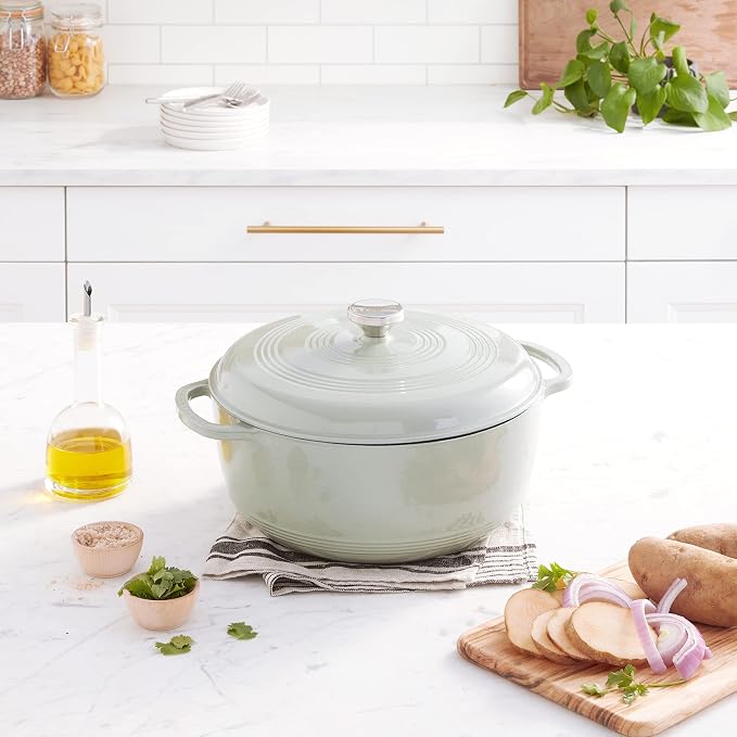 Lodge 7.5 Quart Enameled Cast Iron Dutch Oven with Lid – Dual Handles – Oven Safe up to 500° F or on Stovetop - Use to Marinate, Cook, Bake, Refrigerate and Serve – Desert Sage