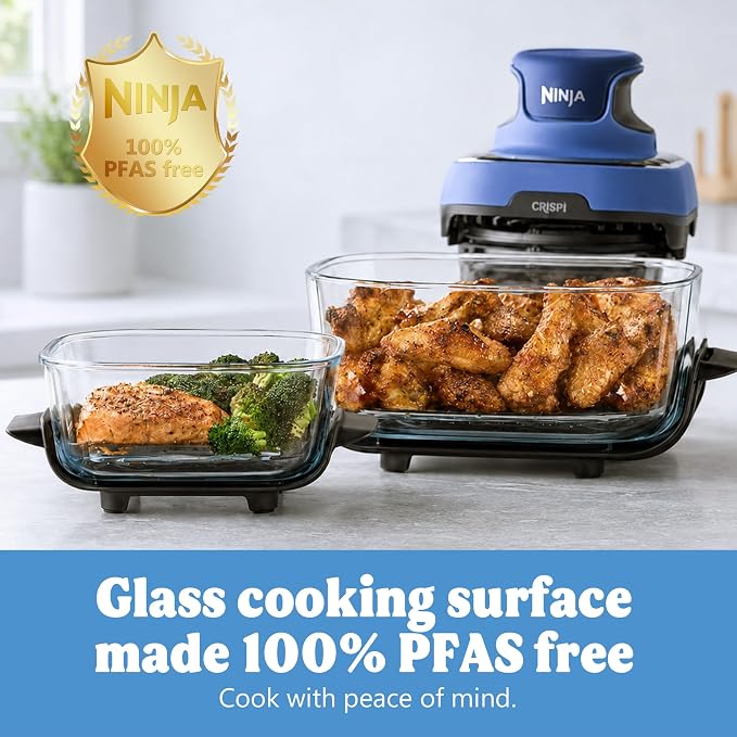 Ninja CRISPi 5-in-1 Portable Glass Air Fryer FN103CO Renewed Deco Bundle | Includes 6-cup, 2.5-qt and 4-qt glass containers, Deco knife set, cutting board, sharpener and unofficial recipe guide