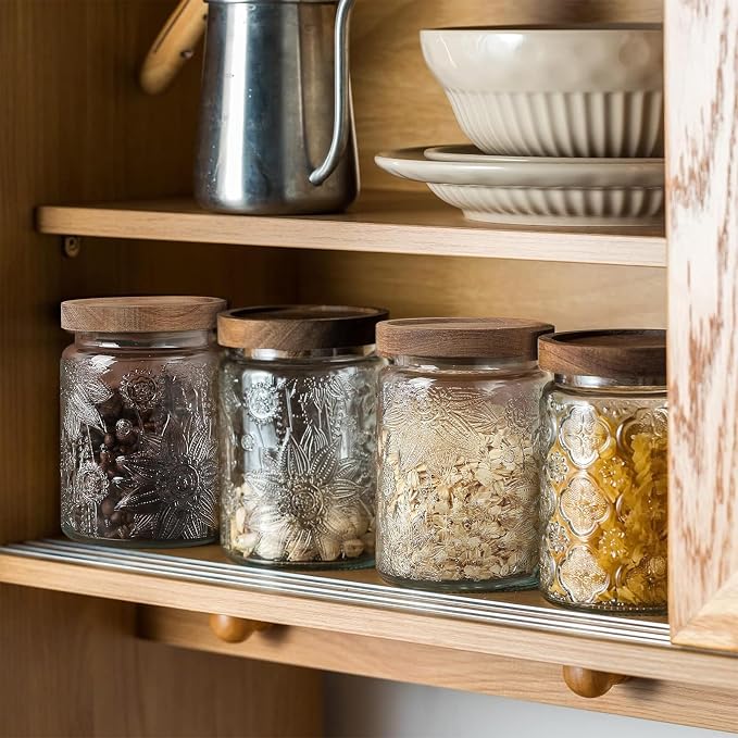 Vintage Glass Jar with Lid Airtight Candy Coffee Canister Food Storage Set | 24oz Decorative Container Set with Silicone-Sealed Bamboo Lid, Thick Glass BPA-Free, for Kitchen Stores Sugar Flour-6 Pack