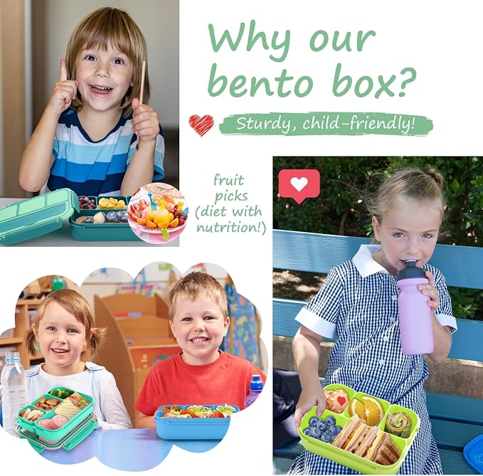QQKO Bento Box for Kids Adults, School Toddler Lunch Box for Boys Girls, Lunch Box Containers with 4 Compartments, Sauce Container, Utensils, Food Picks and Muffin Cups for School, Green