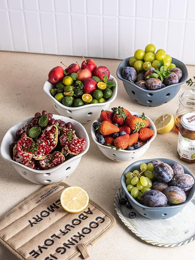Gomakren Fruit Basket Set of 2, Ceramic Fruit Bowl Berry Basket with Holes, 7.6 Inch Fruit Containers Colander for Fridge - Farmhouse Kitchen Decor, Slate Blue