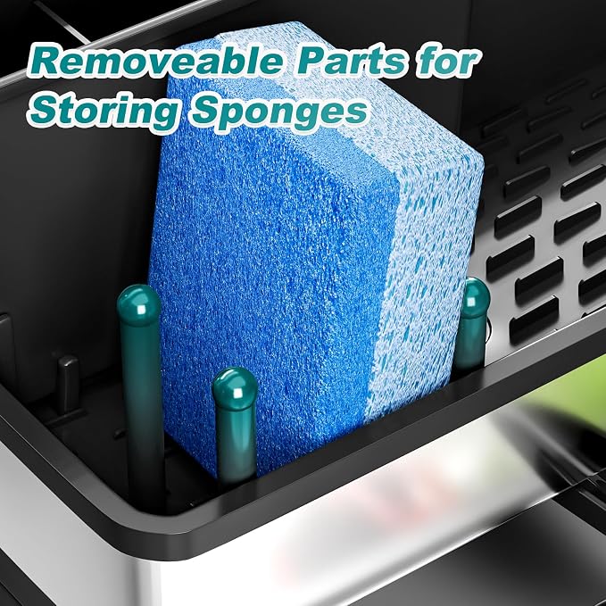 Ewaiira Stainless Steel Sink Caddy, Sponge Holder for Kitchen Sink 9.8″ | with Brush Holder and Towel Rack, Sink Organizer for Countertop, Soap Kitchen Organizers Storage Essentials, Black