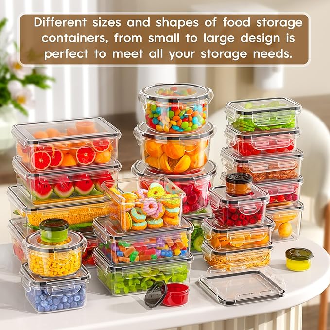 KEMETHY 70 PCS Food Storage Containers with Lids Airtight, Total 856oz, BPA-free, Food-grade, Eco-friendly Material, Leak Proof Plastic Containers, Microwave/Dishwasher Safe