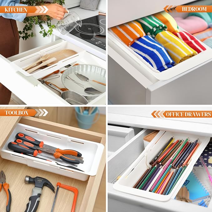 1 Pack Deep Drawer Organizer Adjustable Storage Bin(12.4-17.7") | Adjustable Width Design, Maximize Drawer Storage, Kitchen & Home Organization Solution