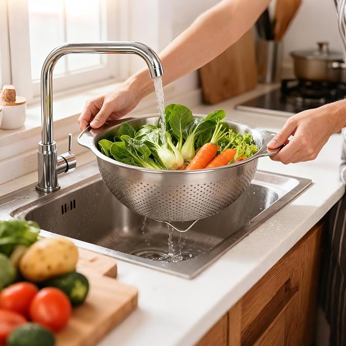 304 Stainless Steel Colander and Strainer, 5QT Large Capacity and 6QT Mixing Bowl, Micropore for Washing Rice, Fruit, and Cooked Pasta, Perfect Draining for Grain and Bean