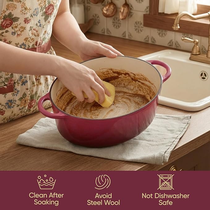 Vintage Style Oval Dutch Oven for Bread Baking, 4.5 Quart Non Stick Enameled Cast Iron Dutch Oven Pot with Lid, Oven Safe Oval Casserole with Lid up to 500°F for Baking, Braising, Stews, Roasting, Rose