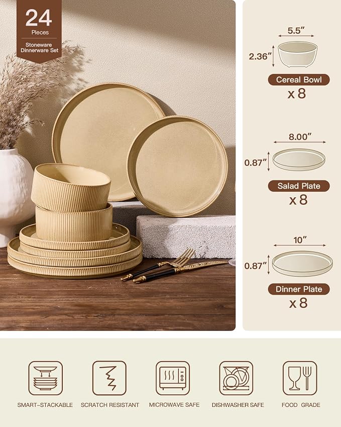 Stoneware Dinnerware Sets, Reactive Glaze Dishes Set for 8 | 24-Piece Handmade Ceramic Plates and Bowls, Microwave and Dishwasher Safe, Chip and Scratch Resistant, Modern Rustic, Cream