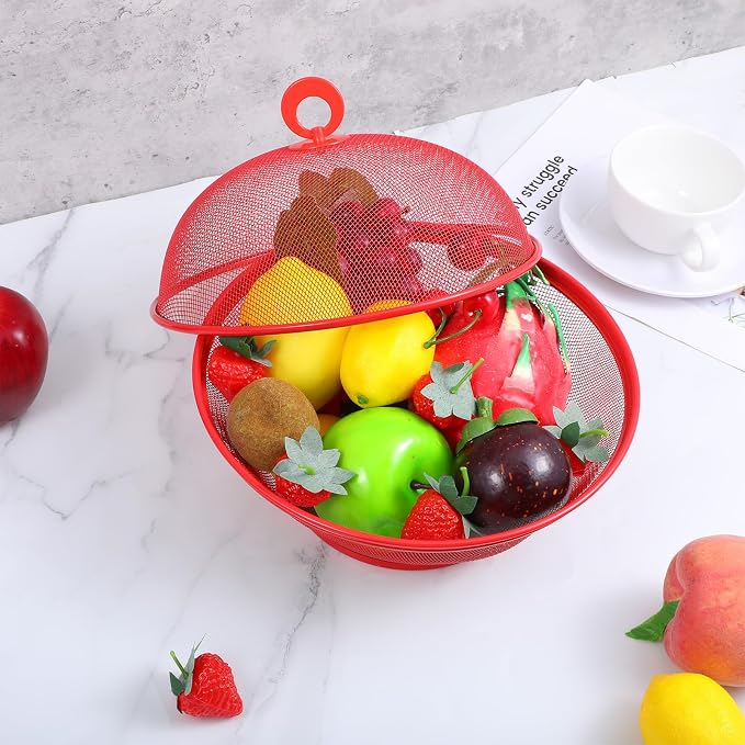 4 Pcs Mesh Food Cover with Lid, 10 Inch Iron Fruit Basket Fly Proof Strainer, Black and Red Metal Wire Container for Kitchen Countertop, Restaurant, Fruit Vegetable Storage