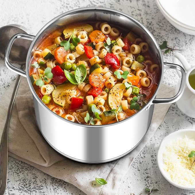 Leonyo 20 Quart Stainless Steel Cooking Pots, Large Stock Pot Cookware | Visible Lid & 3-Ply Base for All Stoves, Heat-conducting & Large