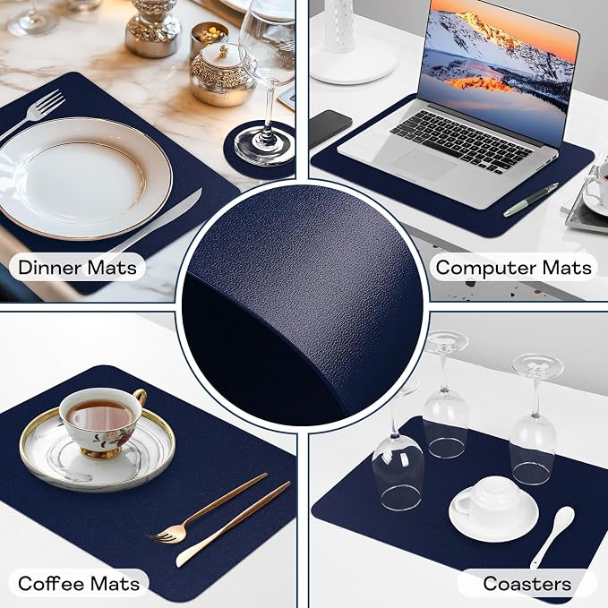 Faux Leather Placemats Set of 6 Waterproof Table Mats with Coaster | 17×12 In Heat Resistant Place Mats Set of 6 Wipebale & Washable Table Placemats for Kitchen Dining Indoor & Outdoor NavyBlue