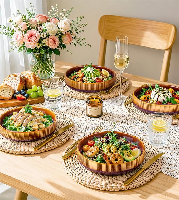7.5" Ceramic Pasta Bowls Set of 4, Salad Bowls | Versatile Serving Bowls for Pasta, Salad, Fruit & Noodles, Housewarming & Wedding Gift, Amber Amethyst
