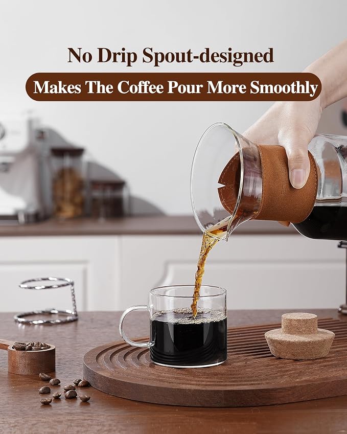 Pour Over Coffee Maker with Double-Layer Stainless Steel Filter, 20 oz Pour Over Coffee Dripper, Glass Carafe with Vintage Leather Collar and Cork Lid & Filter Stand for Espresso