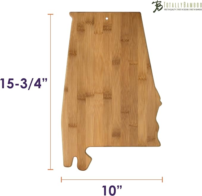 Totally Bamboo Alabama State Shaped Bamboo Serving and Cutting Board | State charcuterie board with natural bamboo grain. Knife-friendly surface for food prep. Hang tie for wall display.