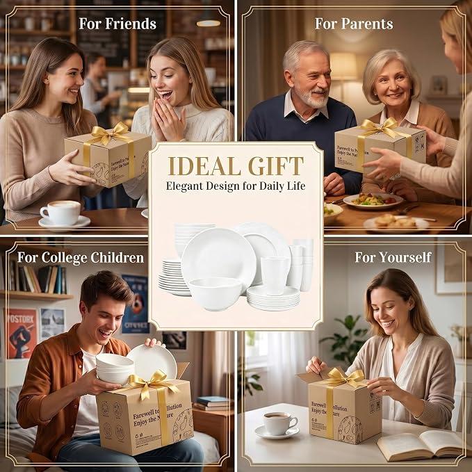 PYRMONT 40 PCS Wheat Straw Dinnerware Sets Unbreakable Dishes Set Service for 8 Dishwasher & Microwave Safe Plates and Bowls Sets for Kitchen,Camping,Picnic Non Toxic Dishes-White