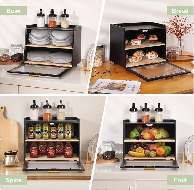 Garvee Double Layer Bread Box, Bamboo Farmhouse Bread Storage with Window | Clear Window, Strong Magnetic Closure, Compact Footprint, Flat Top, for Kitchen Countertop, Black & Gold