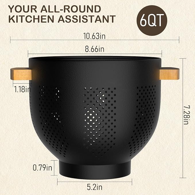Colander for Kitchen, 6 QT Metal Colander with Wood Handle, Essentials Kitchen Gadgets Strainers and Colanders Food Strainer Basket for Draining Pasta Strainer, Vegetable & Fruit, Black