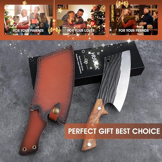 Huusk Heavy Duty Meat Cleaver with Sheath, Butcher Knife for Meat Cutting | Japanese High Carbon Steel Cleaver Knife with Ergonomic Full Tang Handle for Kitchen, Camping, BBQ, Cool Gifts for Men