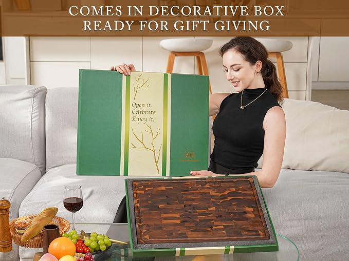 X Large Walnut Wood End Grain Cutting Board 20x15x2" Butcher Block | Wooden Cutting Boards for Kitchen with Deep Juice Groove Thick End Grain Wooden Butcher Block Built-in Handle, Non-Slip Mat