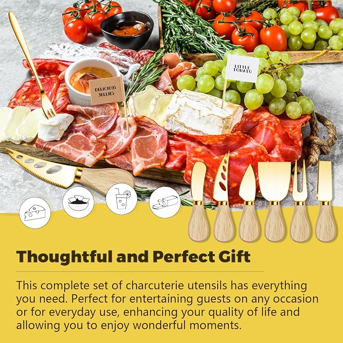 Charcuterie Boards Accessories Gold Charcuterie Utensils Cheese Butter Spreader Knife Set Small Serving Tongs Forks and Spoons Dipping Bowls Honey Dippers Toothpick Flags for Party Platter Making