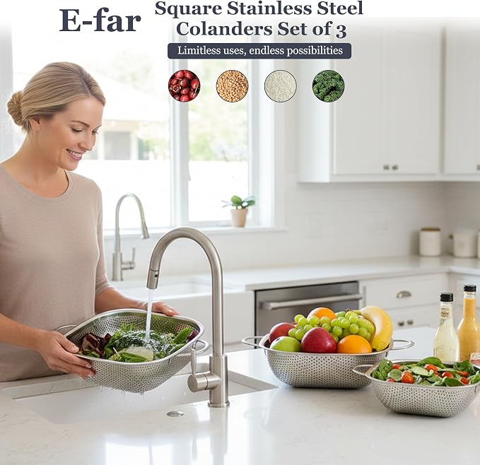 E-far Stainless Steel Colander Set of 3, Square Strainers and Colanders | Metal Kitchen Strainer with Handle for Draining Pasta Vegetable, Micro-Perforated & Elevated Feet, Dishwasher Safe(2.4/4/6QT)