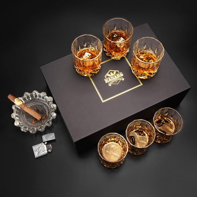 KANARS Whiskey Glasses Set of 6 with Elegant Gift Box for Liquor Scotch Rum | 10 Oz Premium Old Fashioned Crystal Glass Tumbler Bourbon Gifts for Birthday Thanksgiving Christmas Housewarming