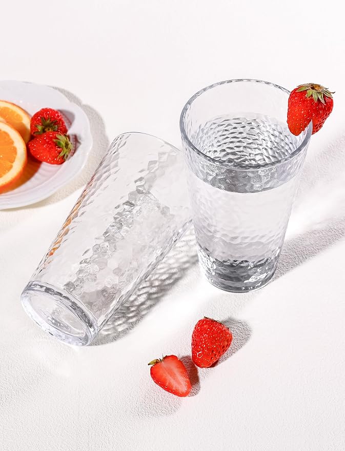 Amyoole Drinking Glasses Set of 8, 16oz Clear Highball Water Glasses | Stackable Lead-Free, Clear Heavy Hammered Glass Cups,Kitchen Drinkware Glassware for Cocktail,Beer,Juice,Iced Tea,Margaritas