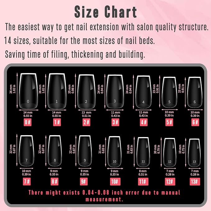 NOVO OVO Medium Square Nail Tips Extra Thick Press on No C Curve, Soft Gel Natural Fake Nail Extension, Full Cover Clear False Nails for Acrylic, French Manicure Salon DIY x 14 Sizes 224 pcs
