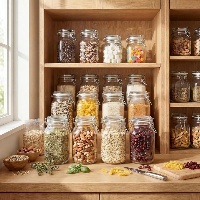 17 oz Square Glass Jars with Airtight Lids, 6 Pack Mason Jar with Clamp Lid | Air Tight Glass Food Storage Containers with Lids Keep Food Dry & Fresh, Best Canister for Flour, Sugar, Cereal, Rice, Coffee
