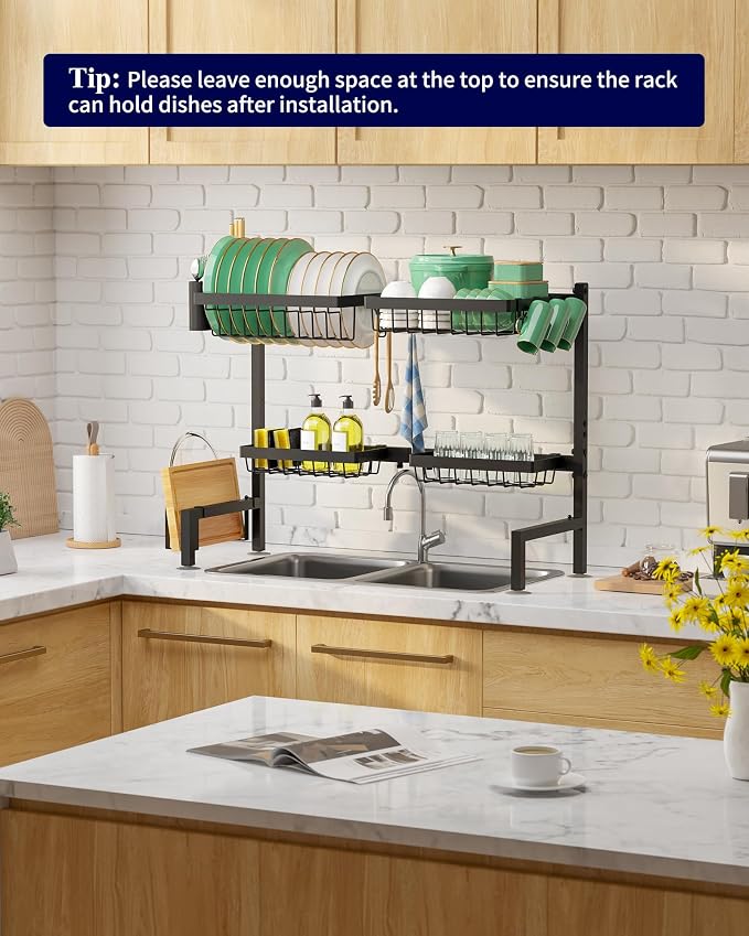 Kitsure Adjustable Over The Sink Dish Drying Rack, 26.8" -33.9"x21.5" | Sink Drying Rack for Kitchen Sink, Dish Rack Over Sink with Cutlery & Utensil Holders, Kitchen Storage, Black