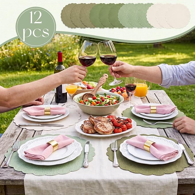 Set of 12 Green Cotton Placemats 15" Round Scalloped | Double Layered Cotton Fabric, Washable Embroidery, Classic Edge, Rustic Table Mats for Wedding Dining Table Decor