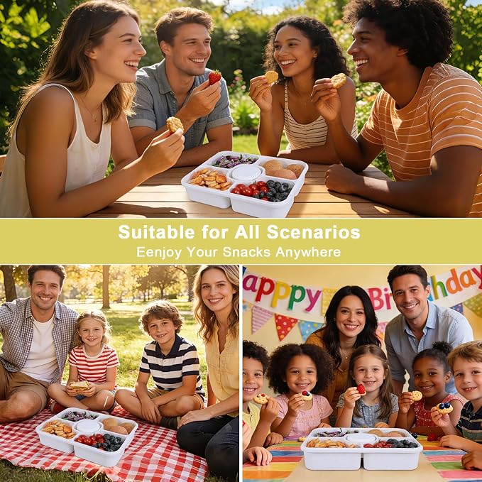 Large Snackle Box Container with Dip Container, 5 Compartments Snack Container with Lid and Handle, Veggie Fruit Divided Serving Tray for Party, Picnic, Dishwasher Safe, BPA-Free