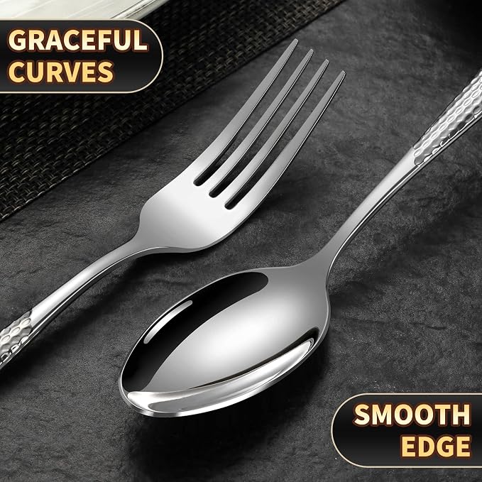 40-Piece Hammered Silverware Set for 8,18/10 Stainless Steel Flatware Set with Serrated Forged Knives,Heavy Duty Cutlery Set for Home & Party Restaurant,Mirror Polished, Dishwasher Safe