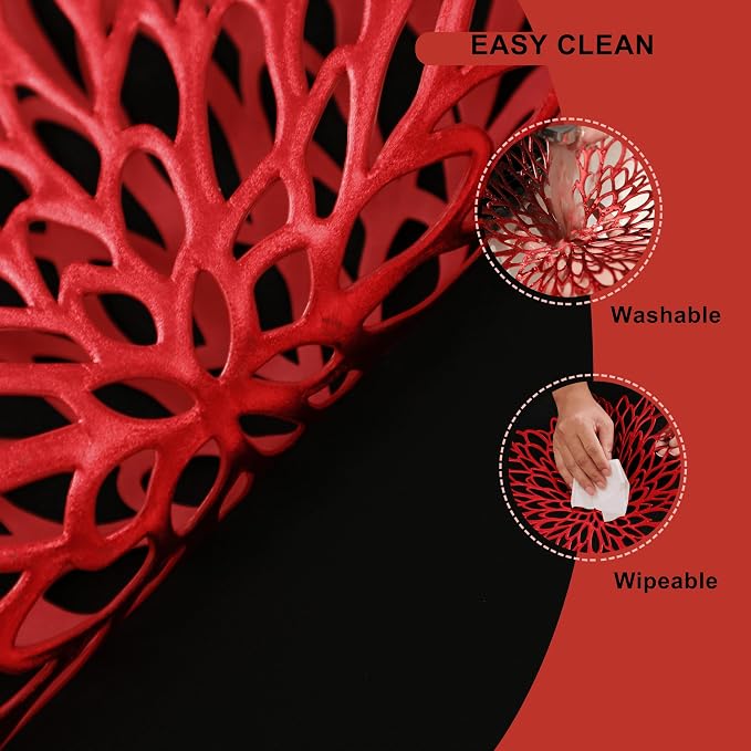 Snowkingdom 12 Pack Red Placemats Metallic Shiny Pressed Vinyl Dining Mats Round Leaf Floral Table Decoration for Halloween Mother's Day Christmas Valentine's Day Weddings Holiday Celebrations