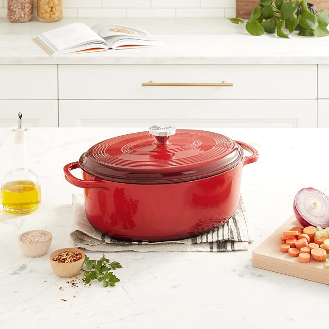 Lodge Oval Dutch Oven - Enameled Cast Iron Oval Dutch Oven with Lid - Family Size Cooking Pot with Dual Handles for Sourdough Bread Baking & Everyday Cooking - 7 Quart - Red