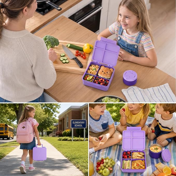Bento Lunch Box Set for Kids with 8 oz Soup Thermo, Leakproof Hot Food Container with 4 Compartments, Insulated Food Jar for Toddler Daycare Boys Girls School - Purple