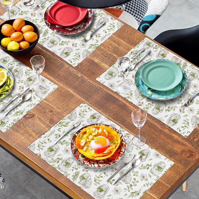 Easter Bunny Rabbits Placemats Set of 4 Easter Spring Green Leaves Flroal Dining Table Placemats 12x18 Inch Heat Resistant Washable Table Mats for Kitchen Dining Holiday Indoor