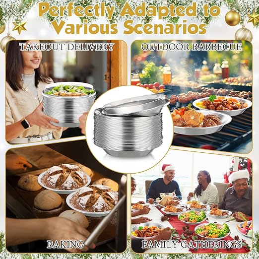 9 Inch Heavy Duty Aluminum Pie Tins Bulk with Lid, Oven and Freezer Safe Disposable Pie Pizza Pan Dessert Baking Cups for BBQ Camping Graduation Father's Day Party Favors(25 Pack,Silver)