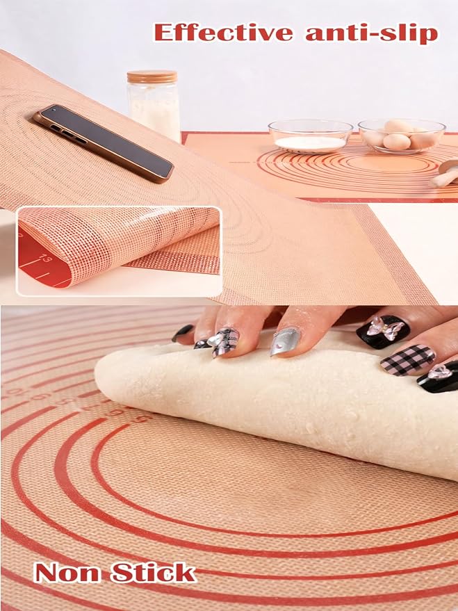 Silicone Pastry Mat with Measurements, 26 x 16 Inch Extra Thick Non-Slip Nonstick Large Baking Mat for Dough Rolling, Kneading, Fondant and Pie, Red