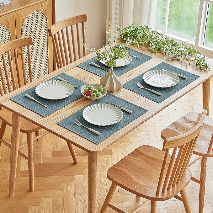 Softalker Faux Linen Placemats Set of 8-12 x 18 Inch, Heat Resistant Double Layered Durable Burlap Farmhouse Place Mats, Non-Slip Washable Rustic Table Mats for Dining, Kitchen, Party(Light Blue