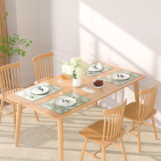 QIYI PU Leather Placemats Set of 4, 12"x18" Waterproof Table Mats, Leaves | Faux Leather, Heat Resistant, Anti Slip, Wipeable Place Mats for Kitchen Dinning, Party Table Décor, Fern Leaves