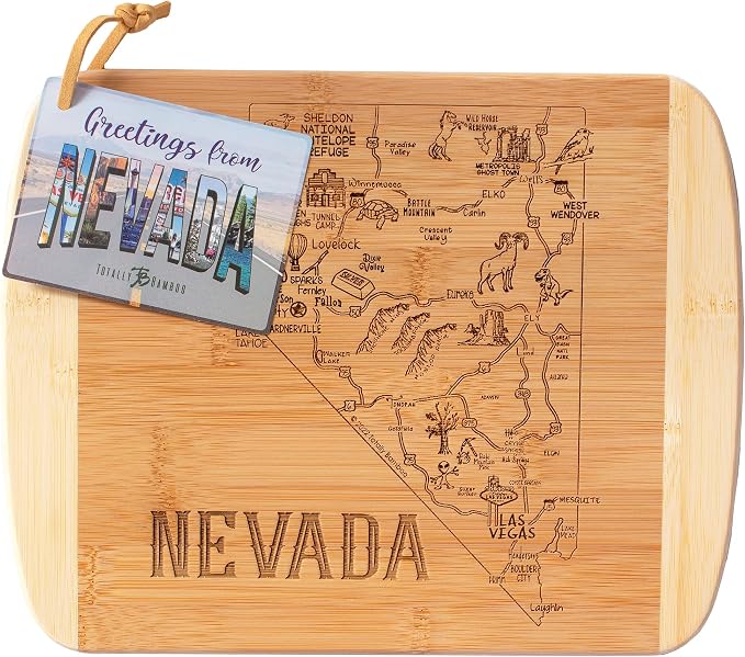 Totally Bamboo A Slice of Life Nevada Engraved Map Cutting Board | 11” x 8.75” charcuterie board with engraved state map artwork. Smooth reverse side for food prep. Hang tie for wall display.