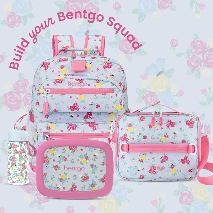 Bentgo Kids Prints Double-Insulated Reusable Lunch Bag | For Kids 3+, Adjustable Strap; Holds Lunch Box/Water Bottle/Snacks; Easy-Clean, Water-Resistant, Pocket (NEW Blooming Floral)