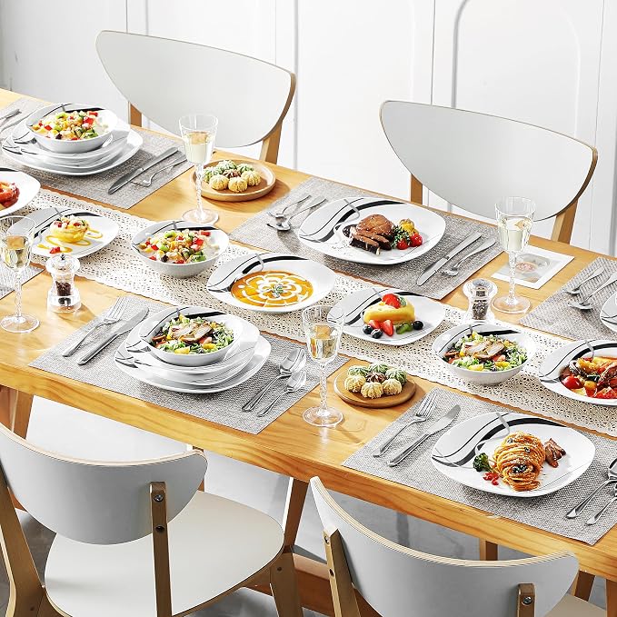 VEWEET Ceramic Dinnerware Sets for 6, White and Black Dishes Set, FIONA | Porcelain Dinner Set Including Dessert Plates, Soup Plates, Dinner Plates, Cups & Saucers, Microwave & Dishwasher Safe