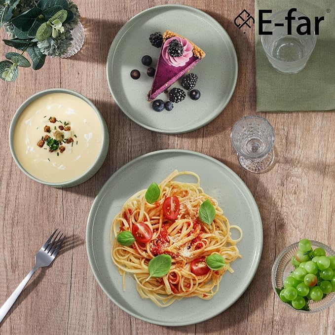 E-far Stoneware Dinnerware Sets, 12-Piece Plates and Bowls Set for 4, Green | Kitchen Modern Dishes Dining Ware, Chip and Scratch Resistant, Microwave & Dishwasher Safe, Speckled Green
