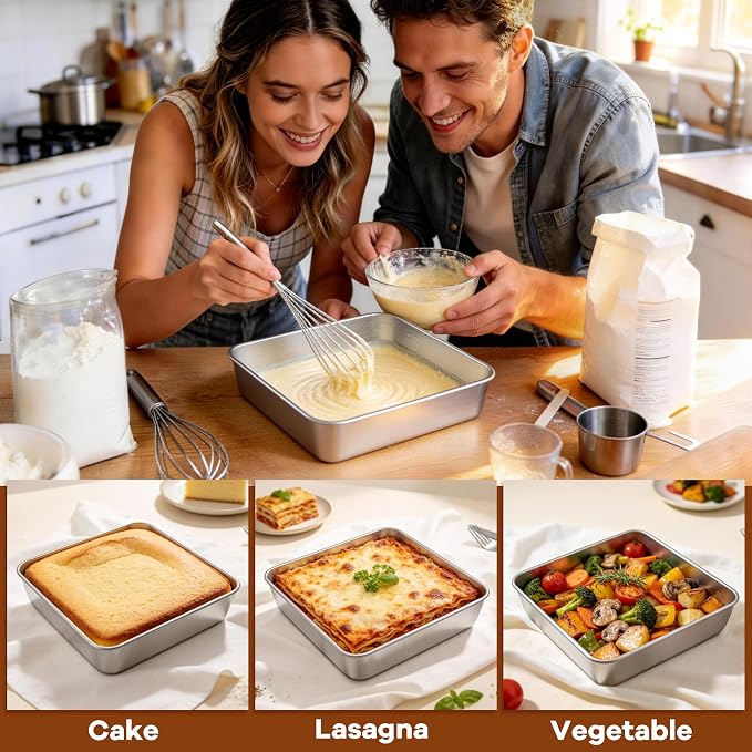 LIANYU Stainless Steel Baking Pan with Lid, 8 x 8 Lasagna Brownie Cake Pan | Square Baking Pan Set, Kitchen Cooking Roasting Dish, Even Heating & Dishwasher Safe (1 Pan +1 Lid )