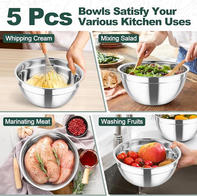 TeamFar Mixing Bowls, Stainless Steel Salad Serving Bowl with Clear Lids | with 3 Graters, For Kitchen Cooking Prepping Storing, Size 4.6/2.6/1.5/1/0.7 QT, Nesting & Airtight, Set of 5 & Black