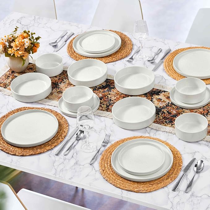 Herogo Dinnerware Sets with Pasta Bowls, 16 Piece Plates and Bowls Set for 4, Stoneware Dinner Dishes for Kitchen Dining, Dishwasher & Microwave Safe, Speckled White