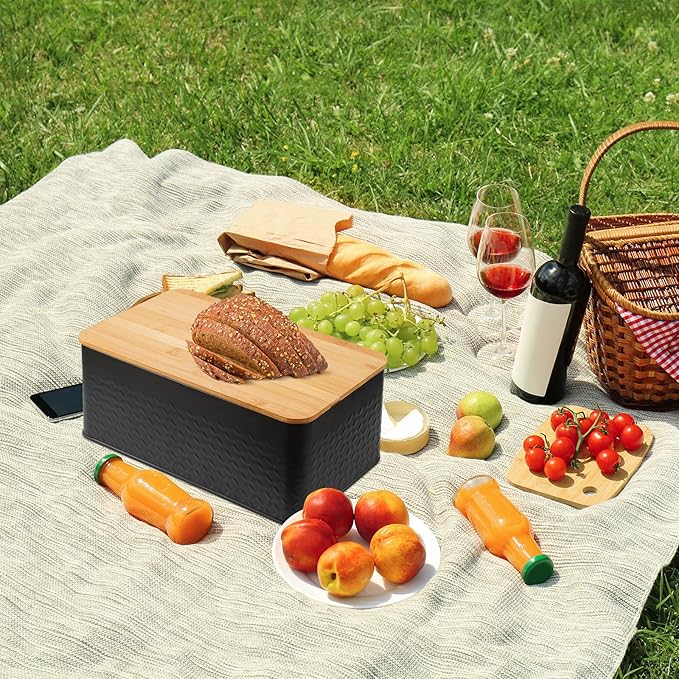 Phyllia Bread Box, Metal Bread Storage Container with Bamboo Lid Usable as Cutting Board, Breadbox Holder for Kitchen Countertop, 13 x 7 x 5.3 inch (Black)
